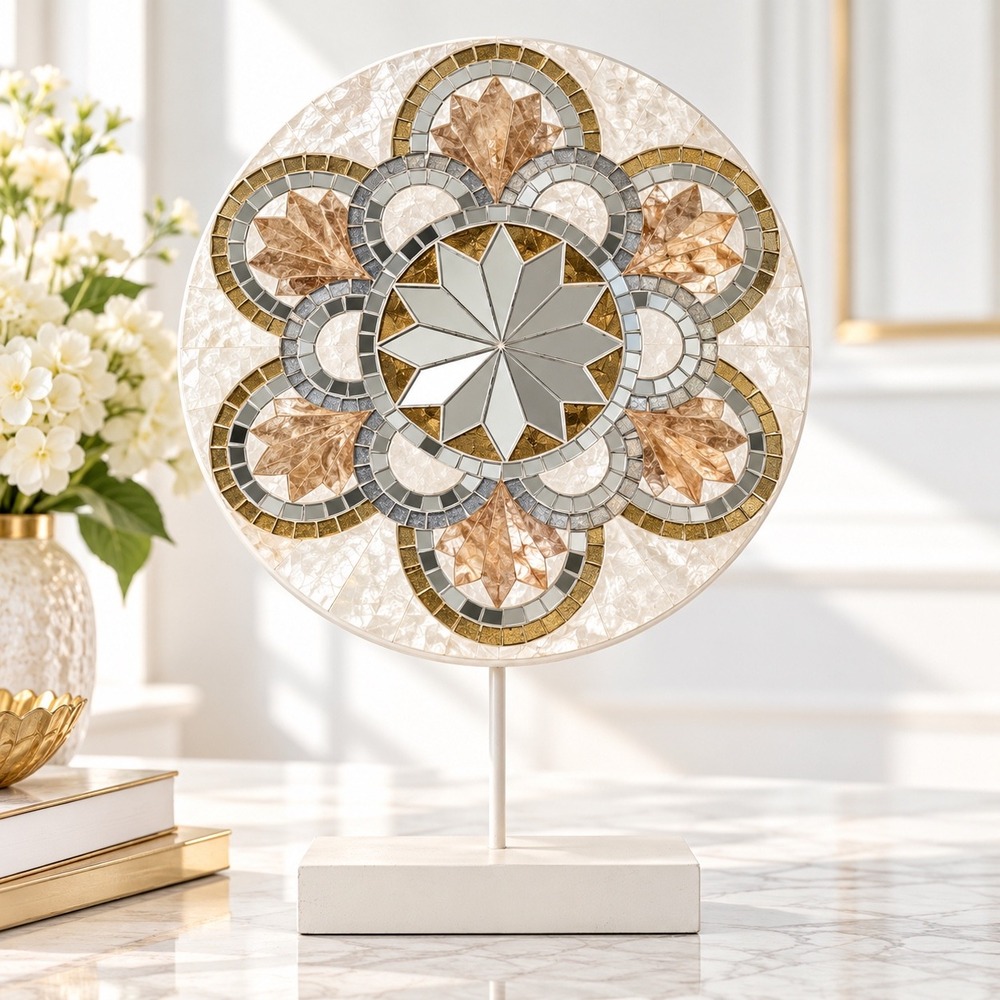 Discontinued Pier 1 Capiz Mosaic Mirror Pedestal Gold Glam Tabletop Decor 17"